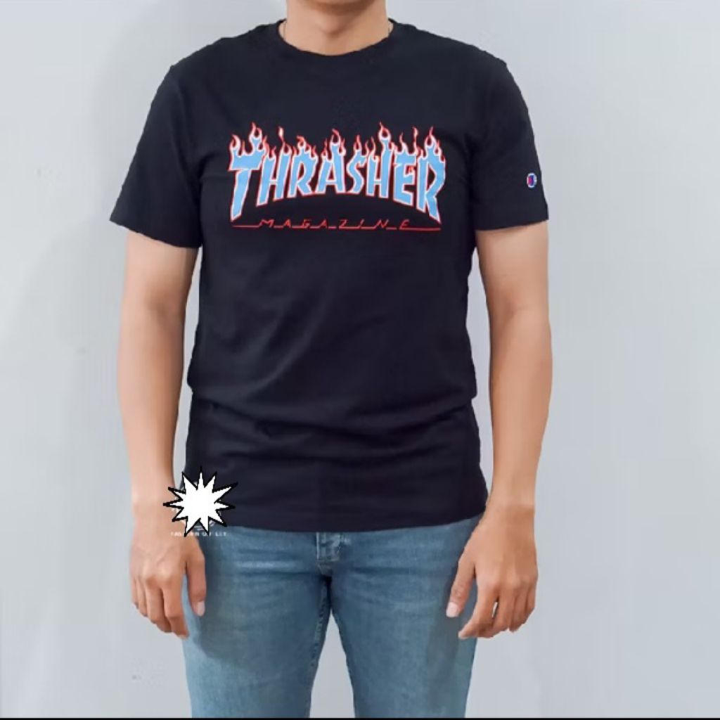 ( THRASHER x CHAMPION ) KAOS T-SHIRT SHORT SLEEVE NEW EDITION WHITE 100% ORIGINAL