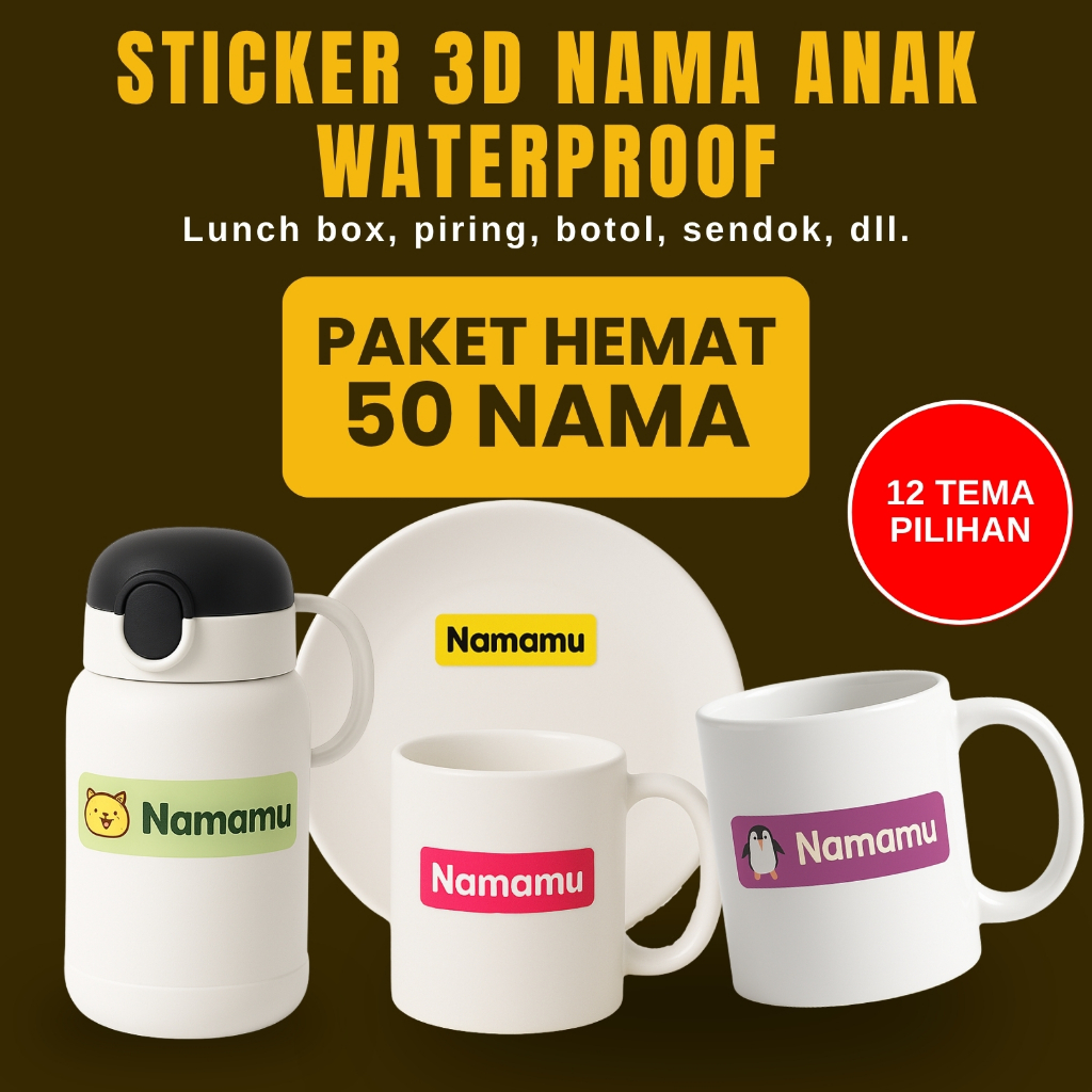 

50 Pcs Stiker Anak 3D Custom Nama Piring Sendok Botol Gelas Perabotan timbul waterproof label