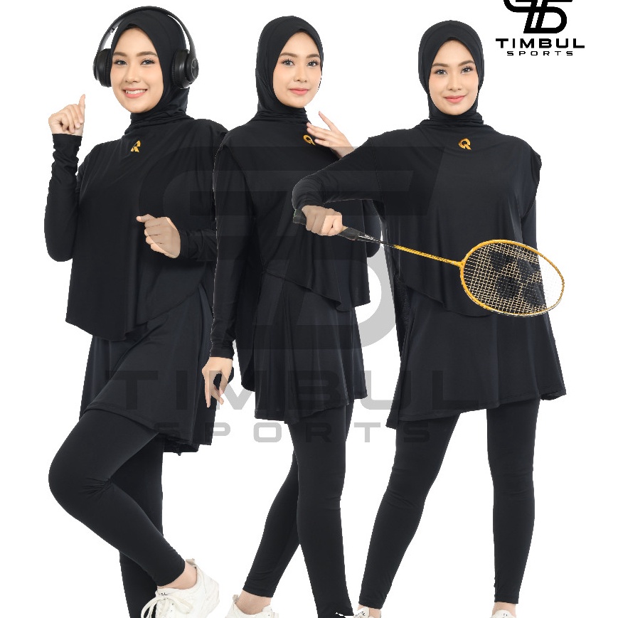 Stelan Baju Olahraga Wanita Muslimah Senam Renang Lari Bersepeda Legging Rok Hijab Rompi