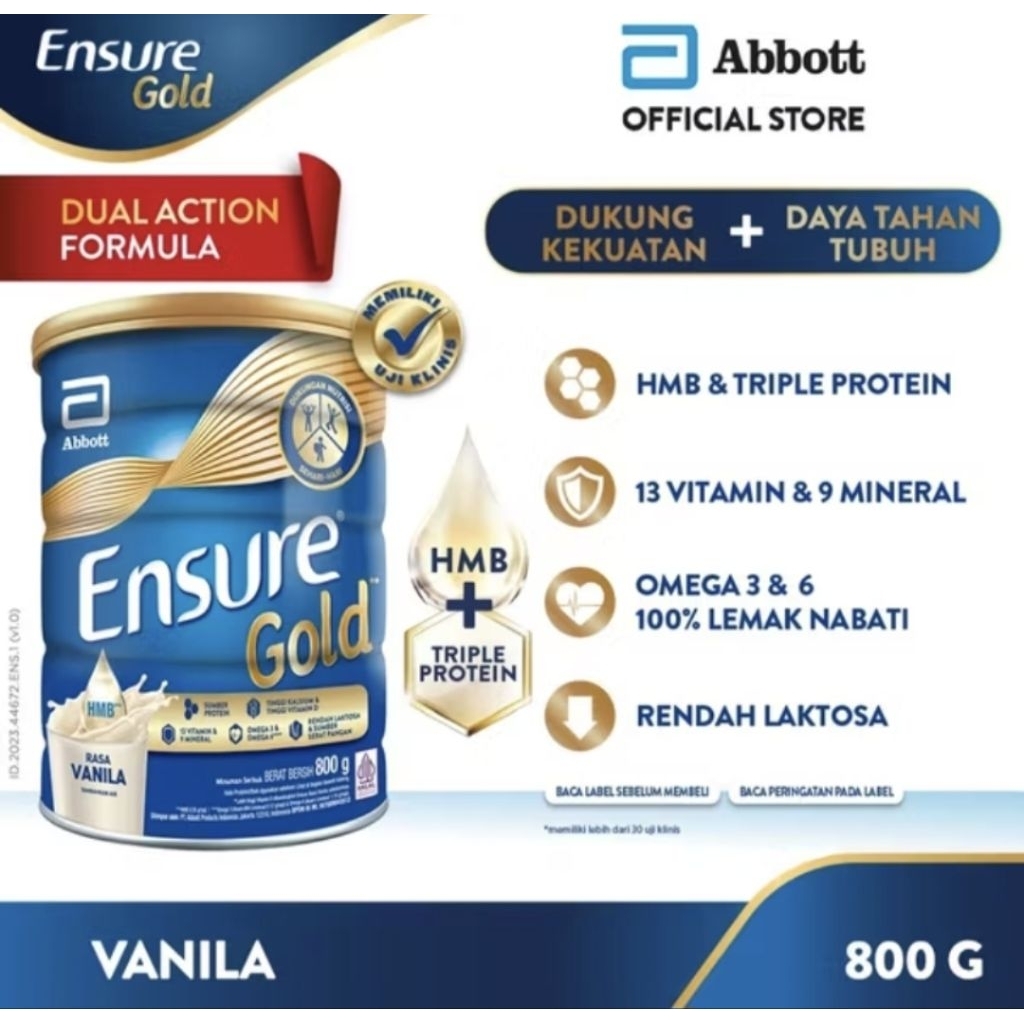 

ENSURE GOLD HMB VANILA/COKELAT 800GR - NUTRISI DEWASA RENDAH LAKTOSA