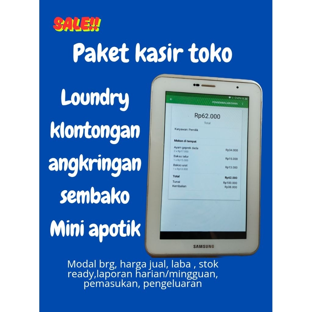 mesin kasir paket tab untuk usaha sembako/retail/loundry