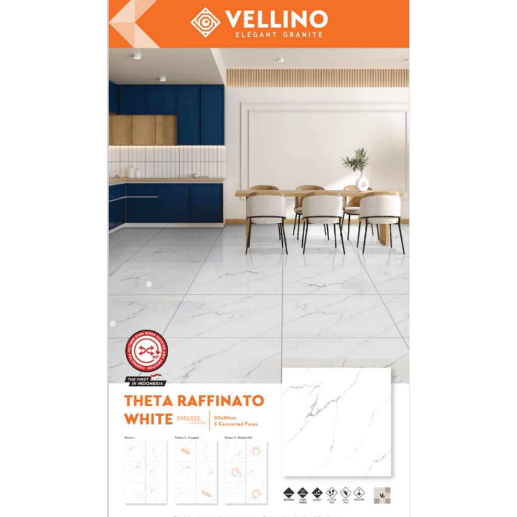 GRANIT MERK VELLINO TIPE THETA RAFFINATO WHITE UKURAN 80X80 WARNA DASAR PUTIH CORAK MOTIF MARBLE ABU
