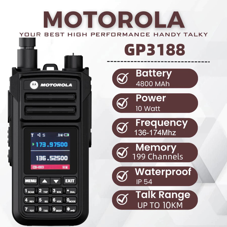 HT Maritime Walky Talky HT Motorola Walkie Talkie Maritim GP3188 10W 136-174MHZ VHF Jarak jauh 20KM