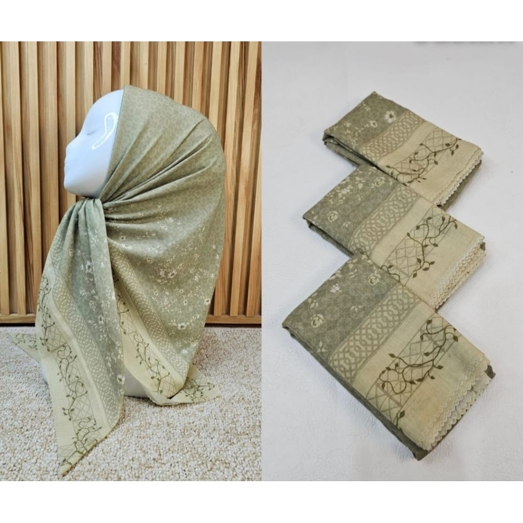 HIJAB SEGI EMPAT MOTIF BUNGA WARNA SAGE KERUDUNG VOAL PREMIUM