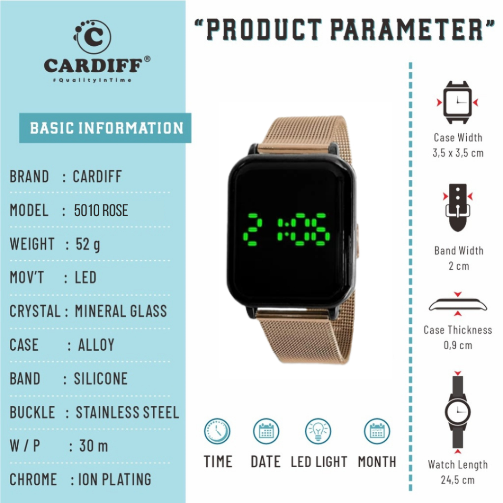 WTT CARDIFF Jam tangan LED touch screen sport pria wanita 5010 Stainless Rantai Tahan Air unisex