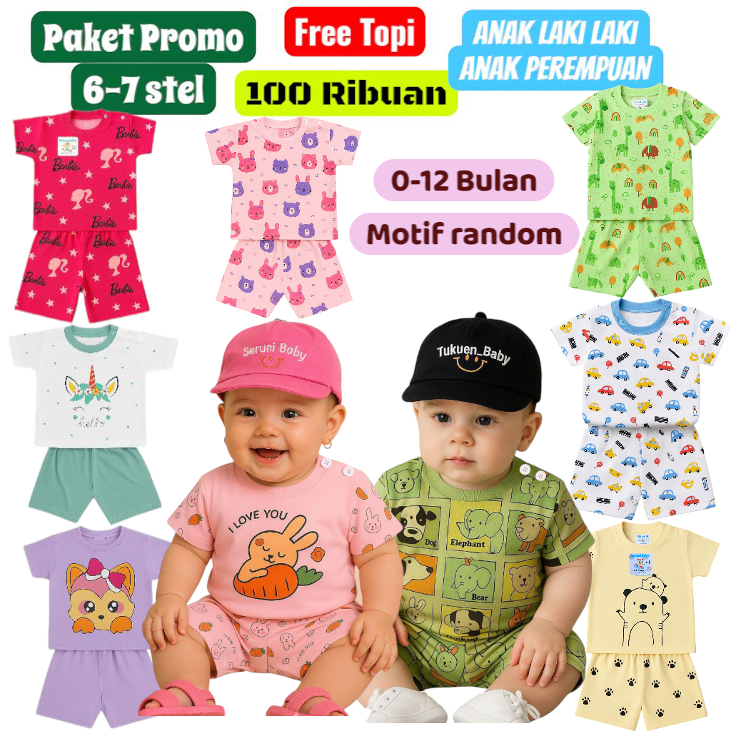 DAPAT 6-7 SETELAN BAJU BAYI 0-12 BULAN MIX MOTIF