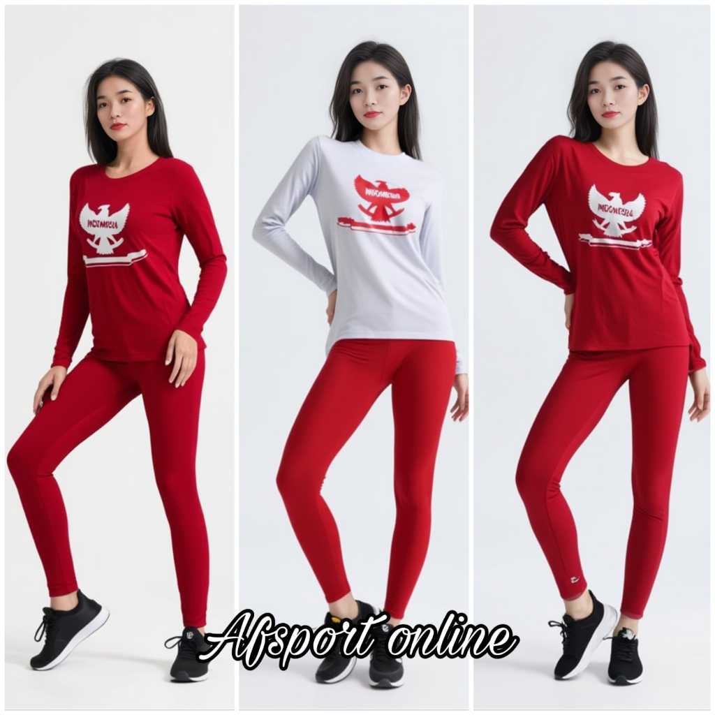 satu set atasan +bawahan setelan senam merah putih sport zumba aerobik fitness