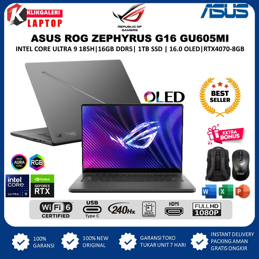 ASUS ROG ZEPHYRUS G16 GU605MI INTEL CORE ULTRA 9 185H 16GB 2TB SSD RTX4070 OLED WQXGA 240Hz RGB