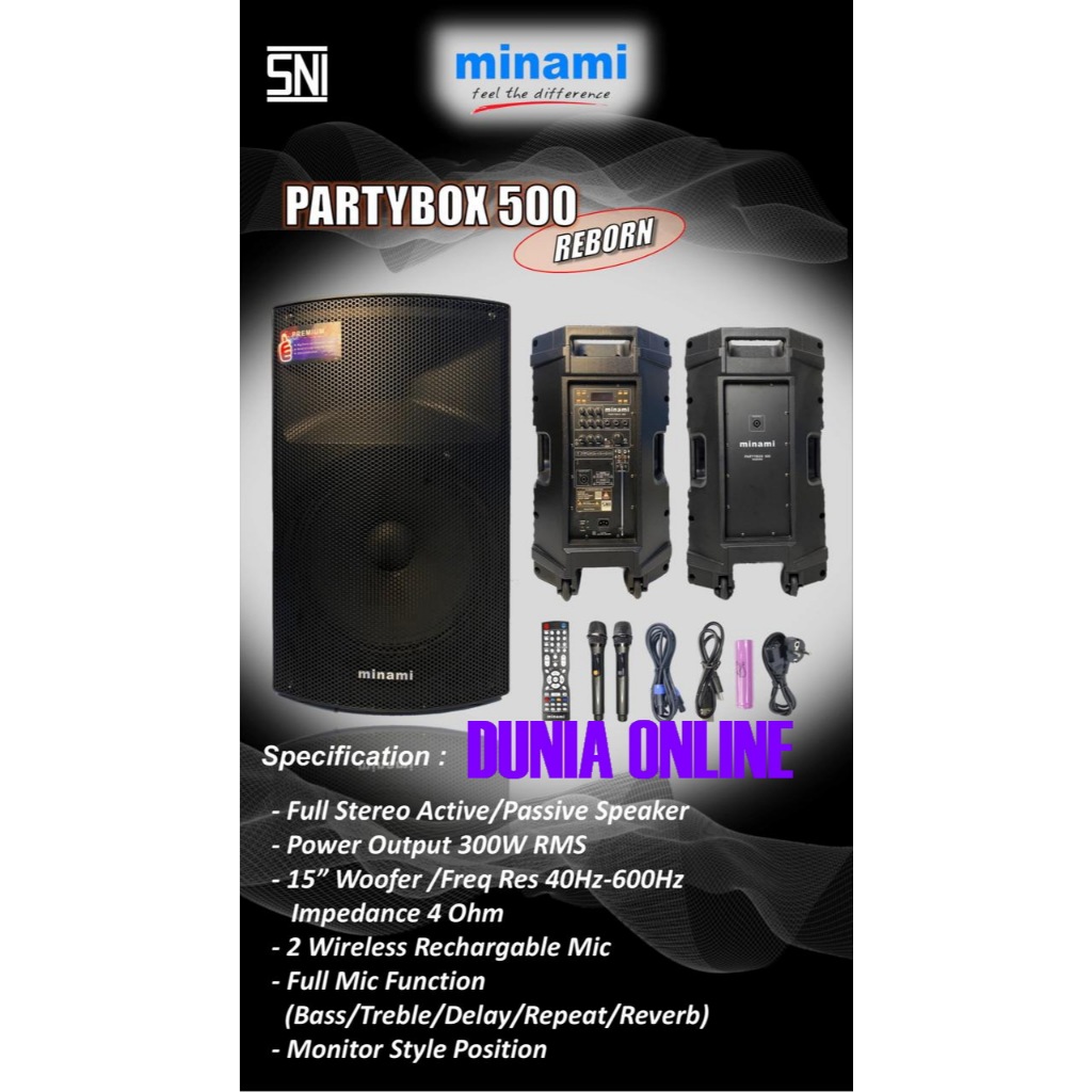 SPEAKER AKTIF + PASIF  MINAMI FULL RAM 15 INCH PARTYBOX500 REBORN / PARTYBOX 500 RMS 300 WATT  + 2 M