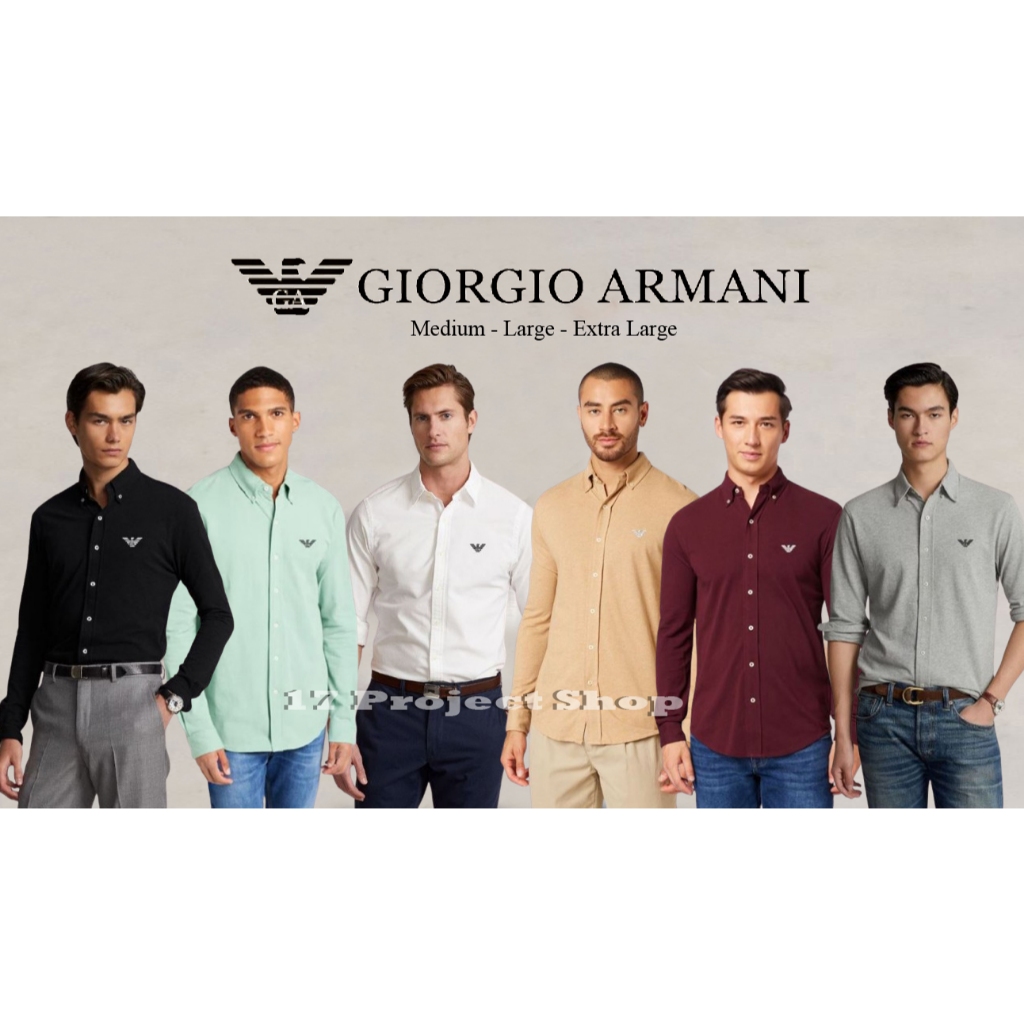 Giorgio Armani Kemeja Polos Pria Lengan Panjang Slimfit Krah Turn Down Logo Cetak Bordir Sold Katun