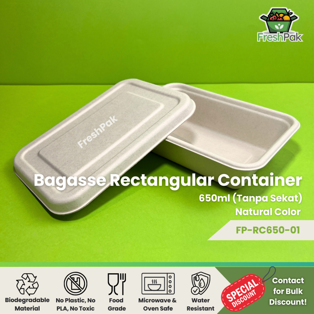 FreshPak Bagasse Rectangular Container 650 ml Sugarcane Eco Friendly Food Grade Lunch Box Packaging 