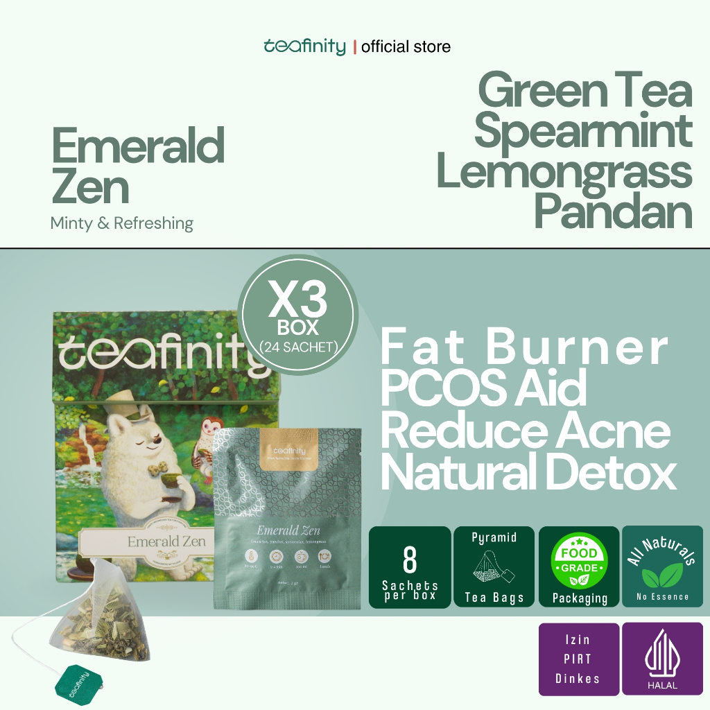 

Teafinity Emerald Zen | Green Tea Spearmint Pandan Lemongrass | Teh Hijau Detox Jerawat PCOS | 3 BOX