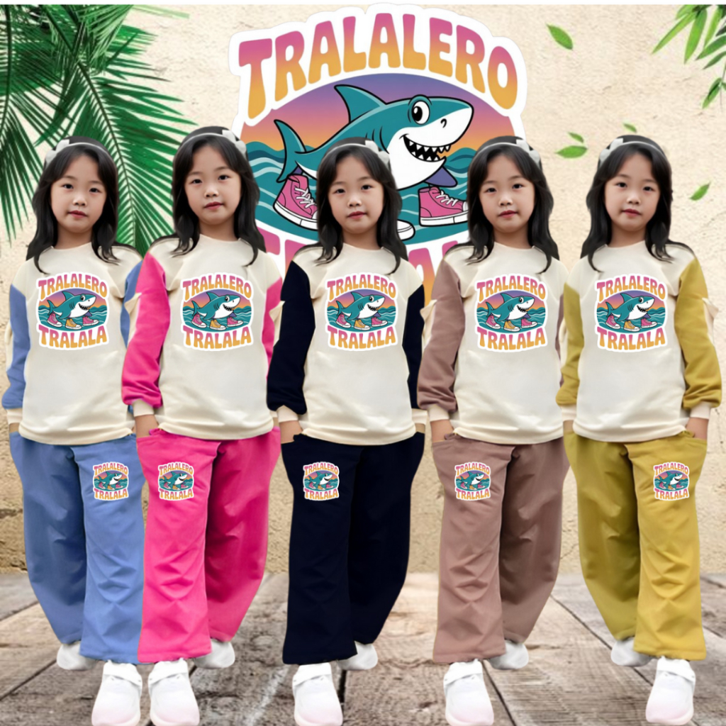 Setelan Anak Baju Dan Celana Cargo Tralalero Tralala Shark Pink Terbaru Usia 5-12 Tahun