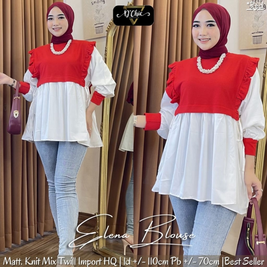 Elena Blouse Kemeja Merah Putih Model Lengan Balon