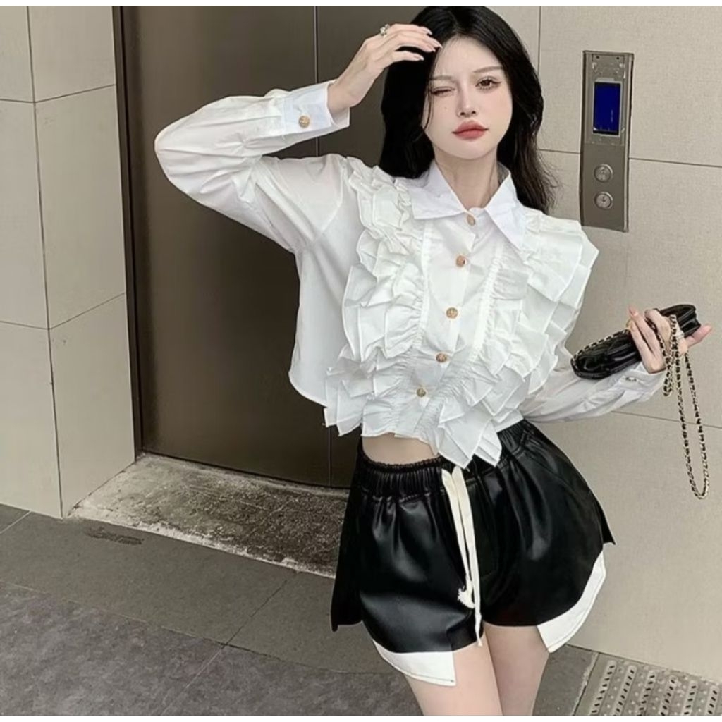 Kemeja Blouse Crop Korean Shirt Tops Wanita Size S M L XL Atasan Kemeja Lengan Panjang Gaya Korea/ K