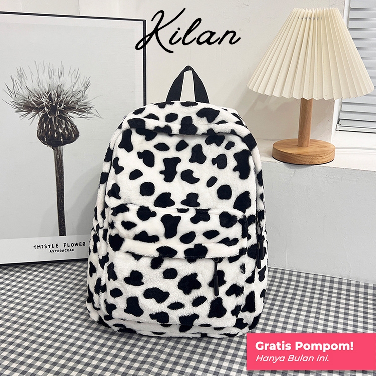 HUMAIRA Tas Ransel Bulu Motif Sapi Korea Lucu Cow Backpack Cewek Lucu - RS0003
