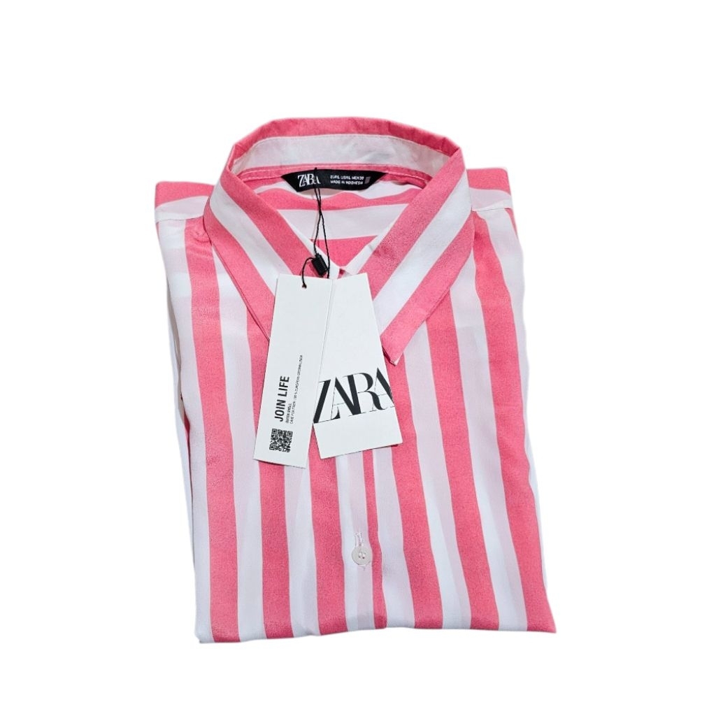 Original New Zara Kemeja Wanita Satin Silk Salur Putih Pink Jumbo Oversize Big Size