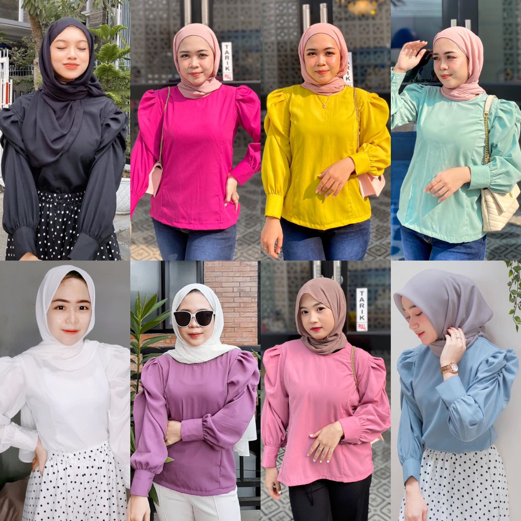 ALEEYA BLOUSE BAJU ATASAN WANITA MODEL BALON WARNA COKLAT MAHOGANY LILAC BABY BLUE HITAM PUTIH KUNIN