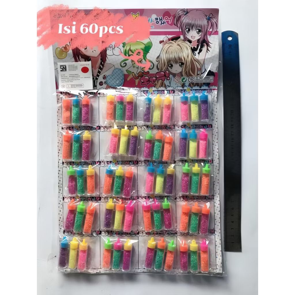 { Isi 60 Pcs/1 Lembar } Mainan Gliter Bubuk Botol Warna Warni