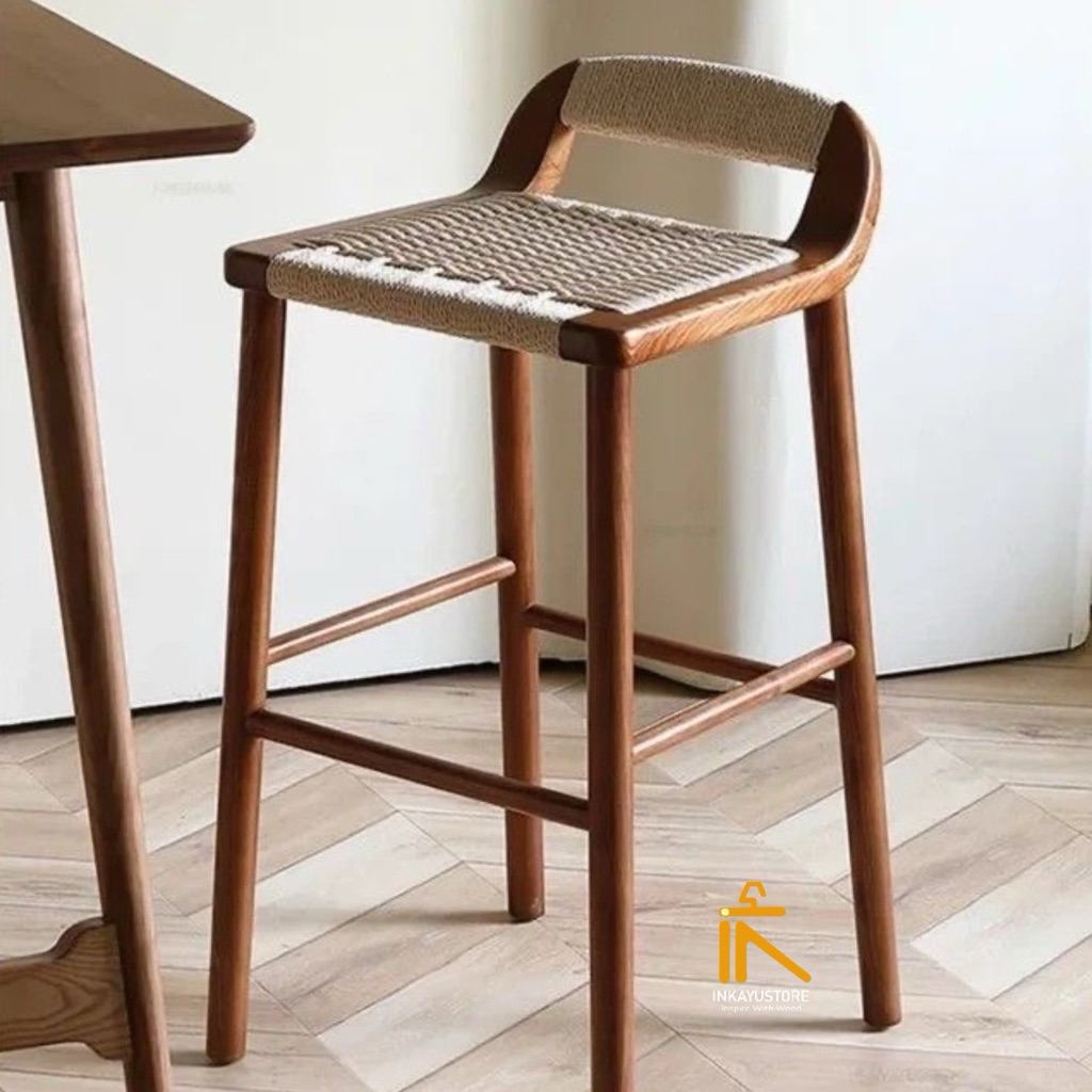KURSI BAR ELEGANT KAYU JATI SOLID ANYAMAN TALI, KURSI BARSTOOL MODERN ANYAMAN TALI