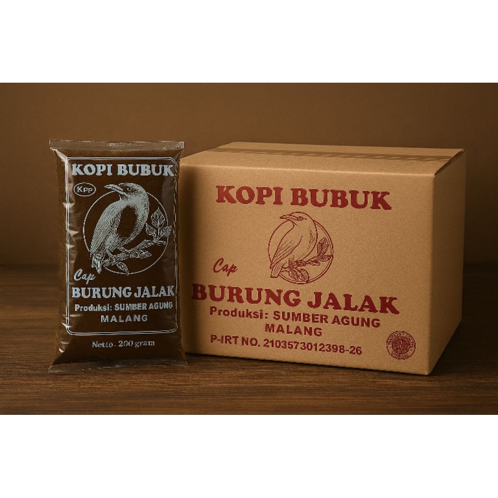 

Kopi bubuk cap jalak 1 karton isi 20, satu bungkus berat 200grm