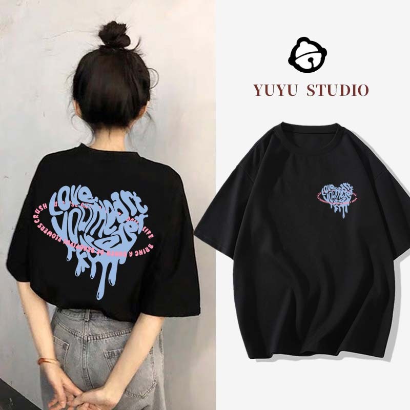 YUYU STUDIO Kaos oblong longgar motif huruf hati gaya Korea dengan motif cetak | Kaos Wanita Premium