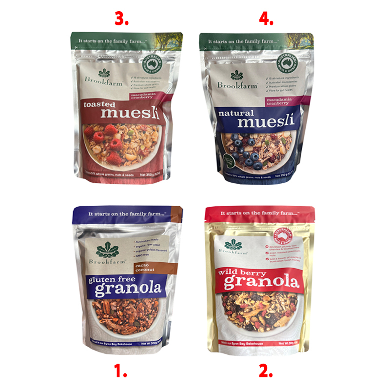 

Makanan Sehat Impor Australia Brookfarm 350 Gr Granola ( Gluten Free Cacao Coconut, Wild Berry Native Rainforest Davidson Plum, Nutty Maple Vanilla ), Muesli Macadamia Cranberry ( Natural, Toasted, Gluten Free )