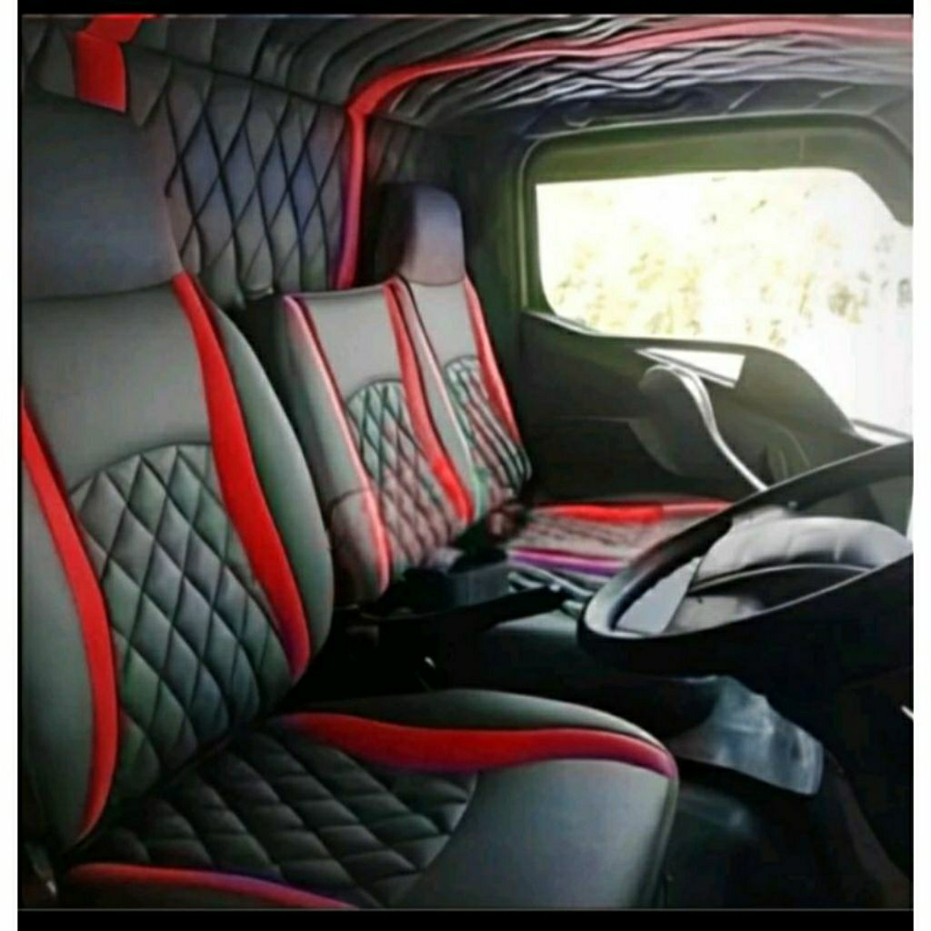 PAKET HEMAT Plafon Kabin, Sarung jok dan Stir Mobil Motif Garis Full Busa untuk Truk Canter, Dyna, R