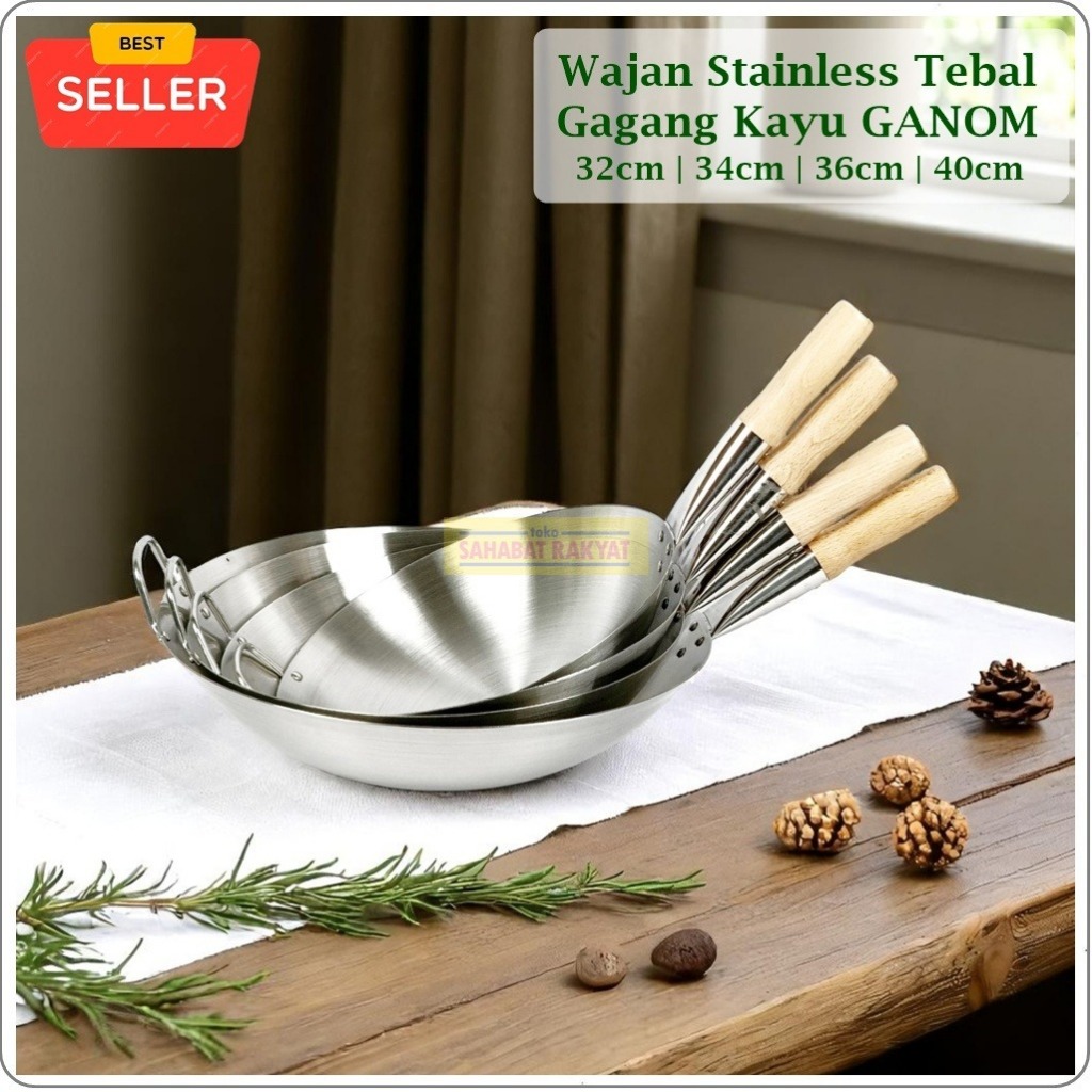 Wajan Stainless Tebal Gagang Kayu Wajan Penggoreng Stainless Wajan Nasi Goreng GANOM