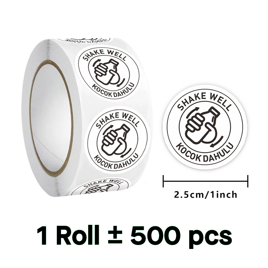 

Sticker Label Kemasan Botol Stiker Shake Well Kocok Dahulu diameter 2,5 cm (500 pcs/ roll)