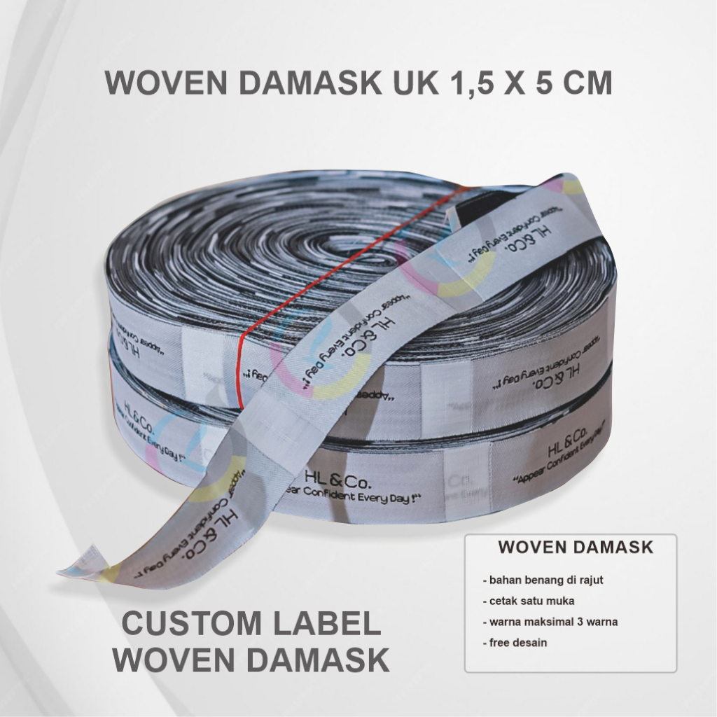 

label baju woven damask 1,5 x5 cm, woven damask label baju custom