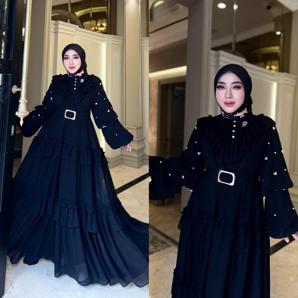 SS0021 SHELLASAUKIA GAMIS POLOS TINGKAT KANCING DADA MUTIARA SETHIJAB