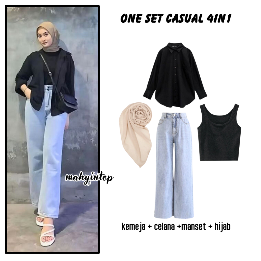One Set 4in1 Baju Atasan Kemeja Hitam Celana Jeans Pant Jilbab Bella Ootd Outfit Wanita Kekinian