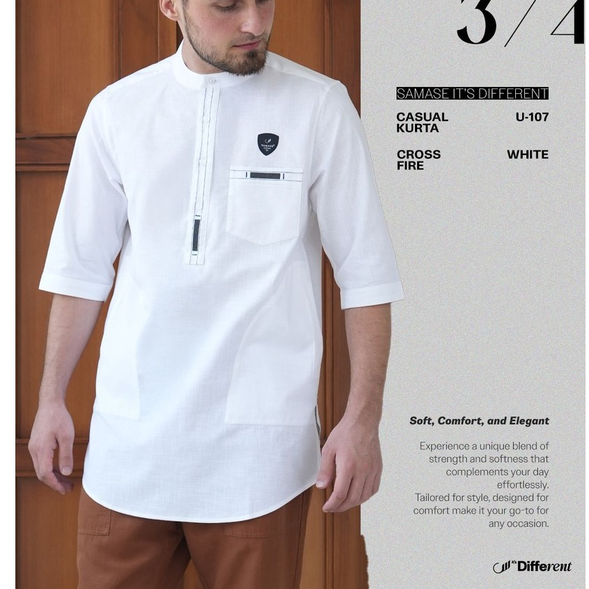 Samase Kurta Warna Putih U107 Bahan Cotton Cross Fire Baju Koko Pria Dewasa Lengan 3/4
