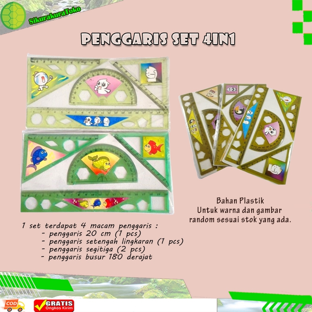 

(sko) Set 4in1 Penggaris Plastik Garis Isi 4 Pcs Pak Kecil 20 CM Garisan Busur Setengah Lingkaran Ruler Segitiga Segi Tiga 3