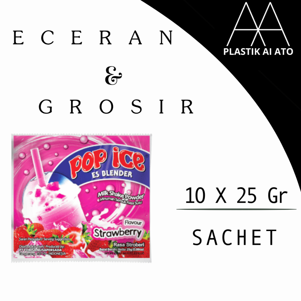 

Pop Ice Milk Shake Powder strawberry 25 gr x 10 sachet / Pop ES buah series / popes stroberi/stroberry /eceran dan grosir cocok untuk warung