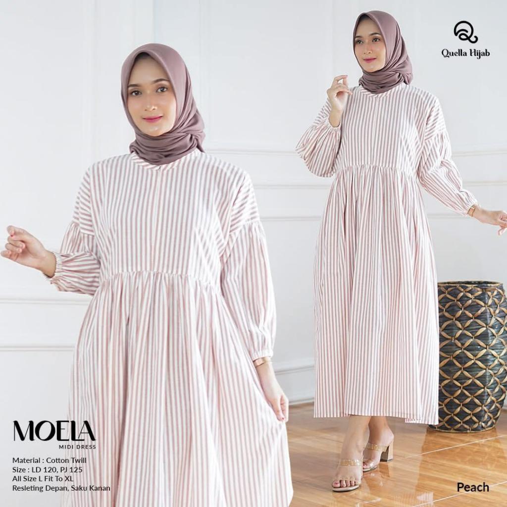 Midi Dress Moela Motif Garis Katun