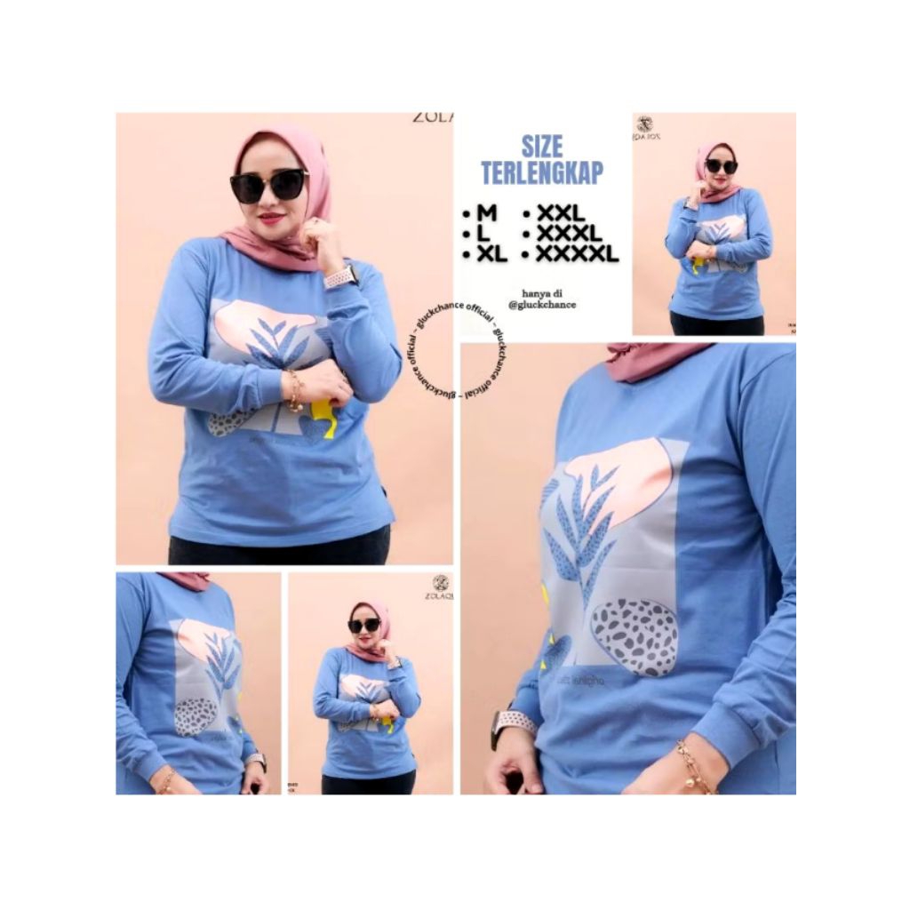 KAOS WANITA ZOLAQU ORIGINAL TERBARU LENGAN PANJANG JUMBO OVERSIZE T-SHIRT BIRU DENUS 2025 OFFICIAL