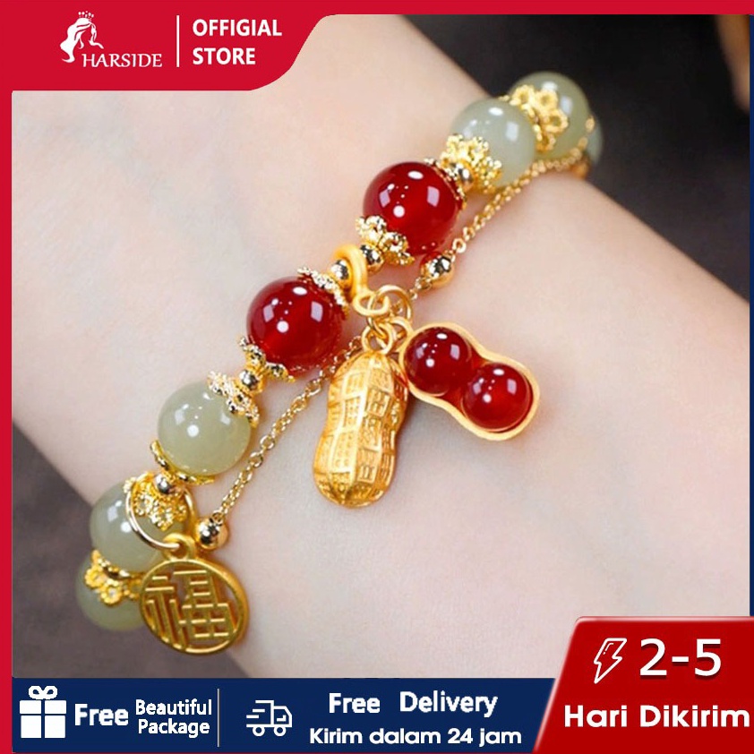 KODE O85P Gelang yang beruntung Giok Asli Batu Kacang TitaniumGelang Giok Kacang Wanita Berlapis Ema