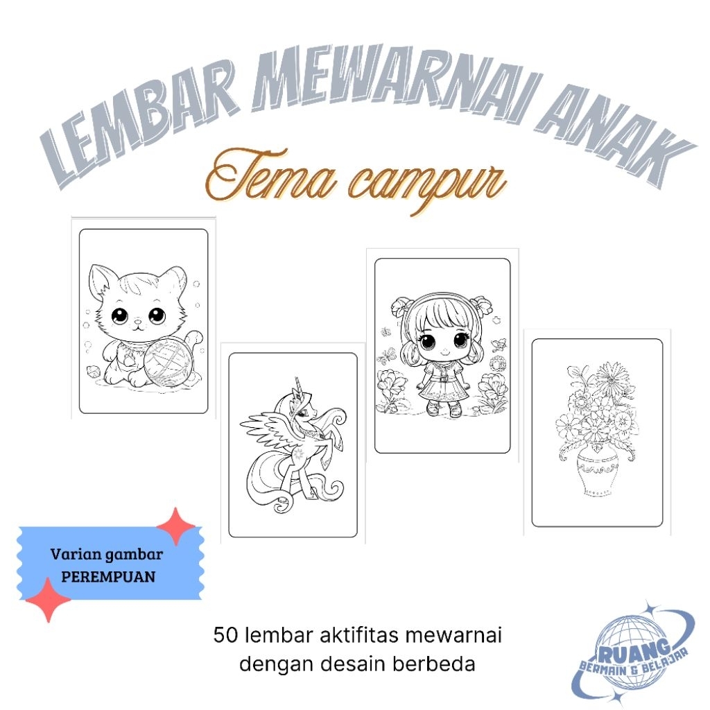 

50 lembar kertas mewarnai tema campur untuk perempuan