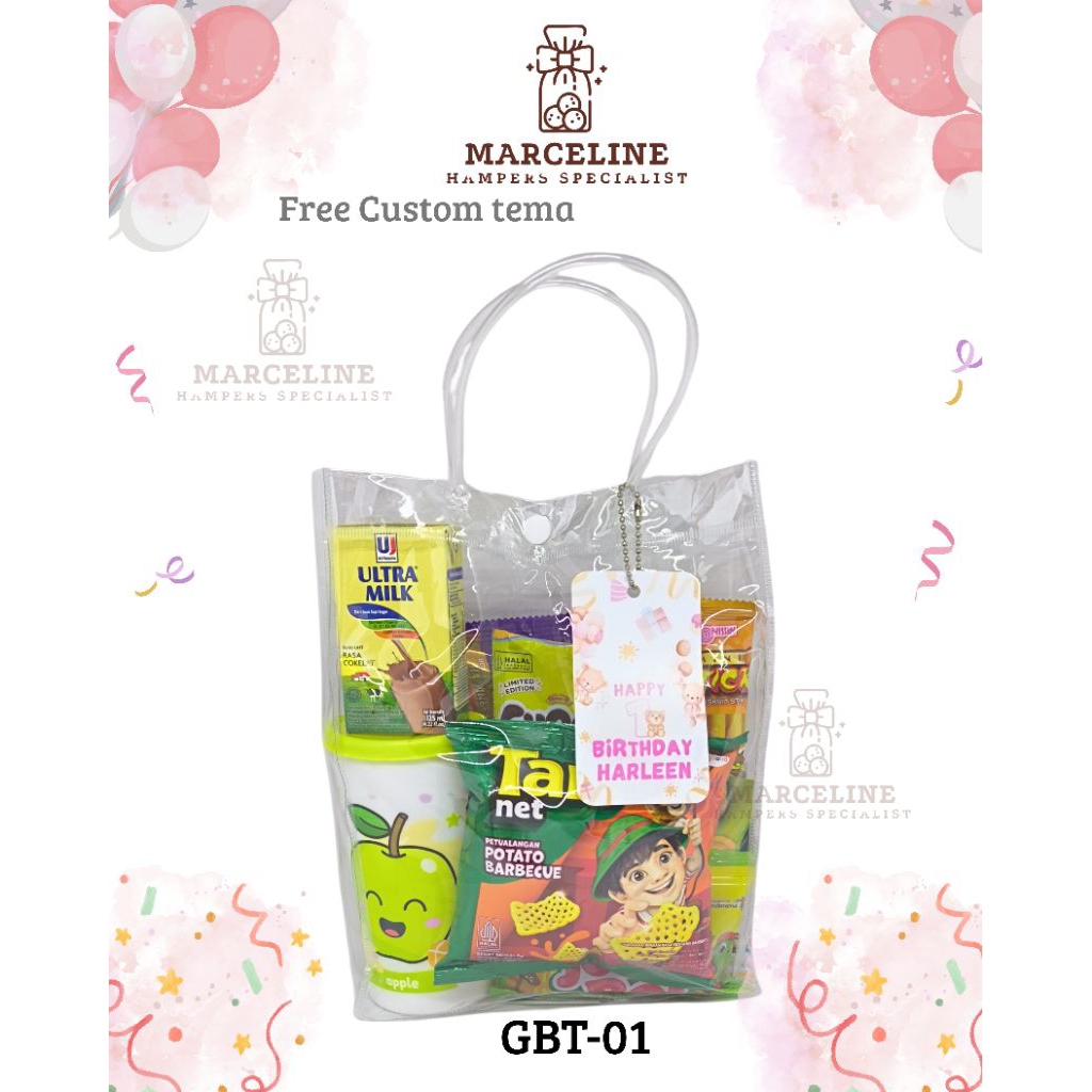 

hampers ulang tahun anak murah bentuk tas tenteng. bingkisan snack ulangtahun anak murah, free design tag.