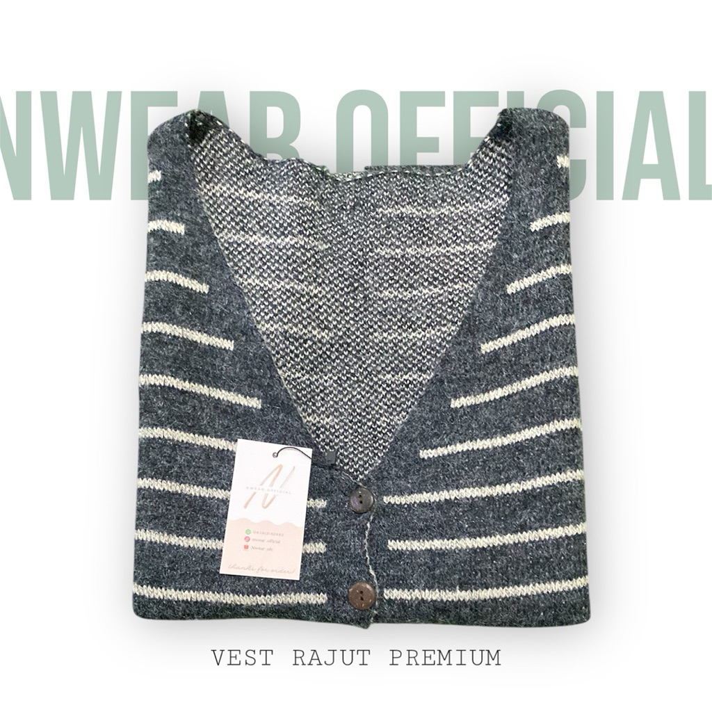 VEST / OUTER RAJUT LEMBUT PREMIUM MOTIF KANCING OUTER WANITA MOTIF GARIS ABU