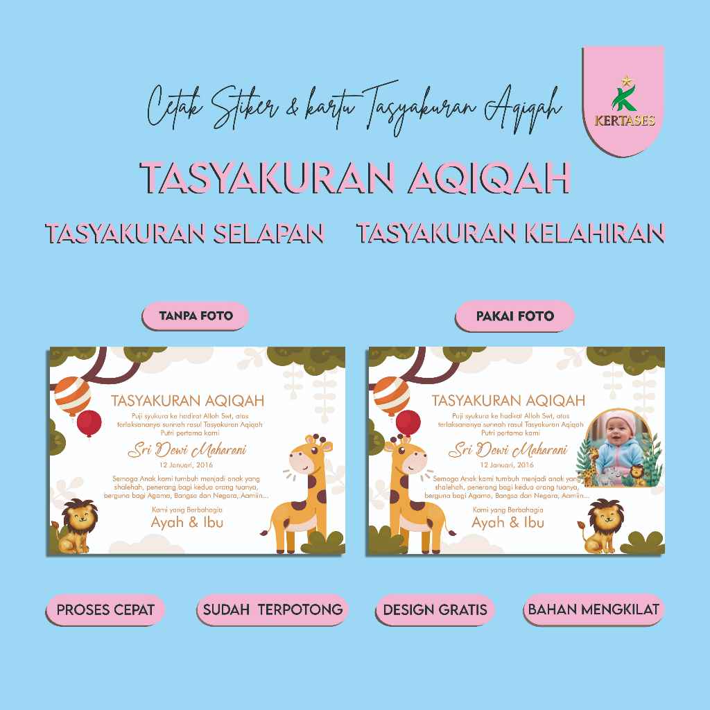 

KERTASES-CETAK STIKER & KARTU TASYAKURAN AQIQAH MURAH/STICKER AQIQAH TINGGAL TEMPEL MURAH/STIKER & KARTU DOFF/MATTE MURAH/ TASYAKURAN MURAH