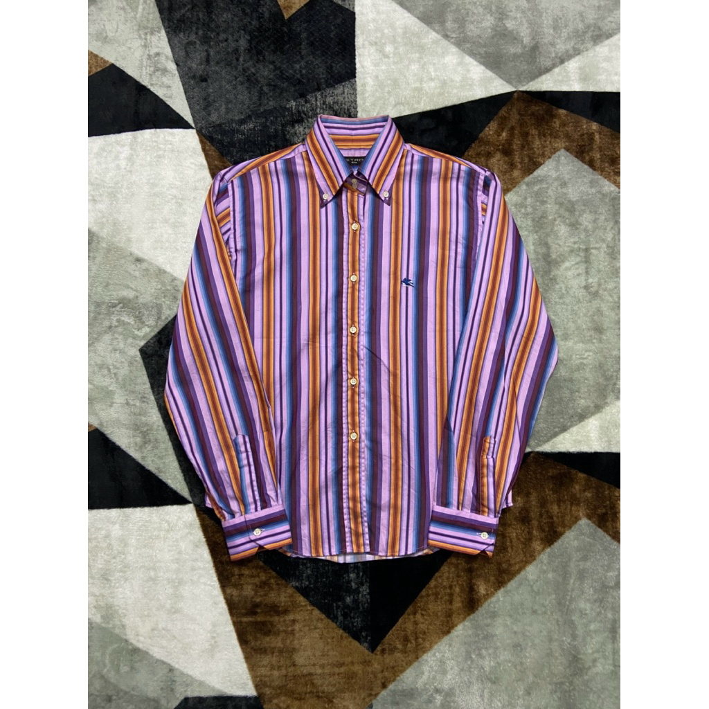 Vintage Etro Milano Italy Multicolored Striped Chest Logo Button Down Shirtst