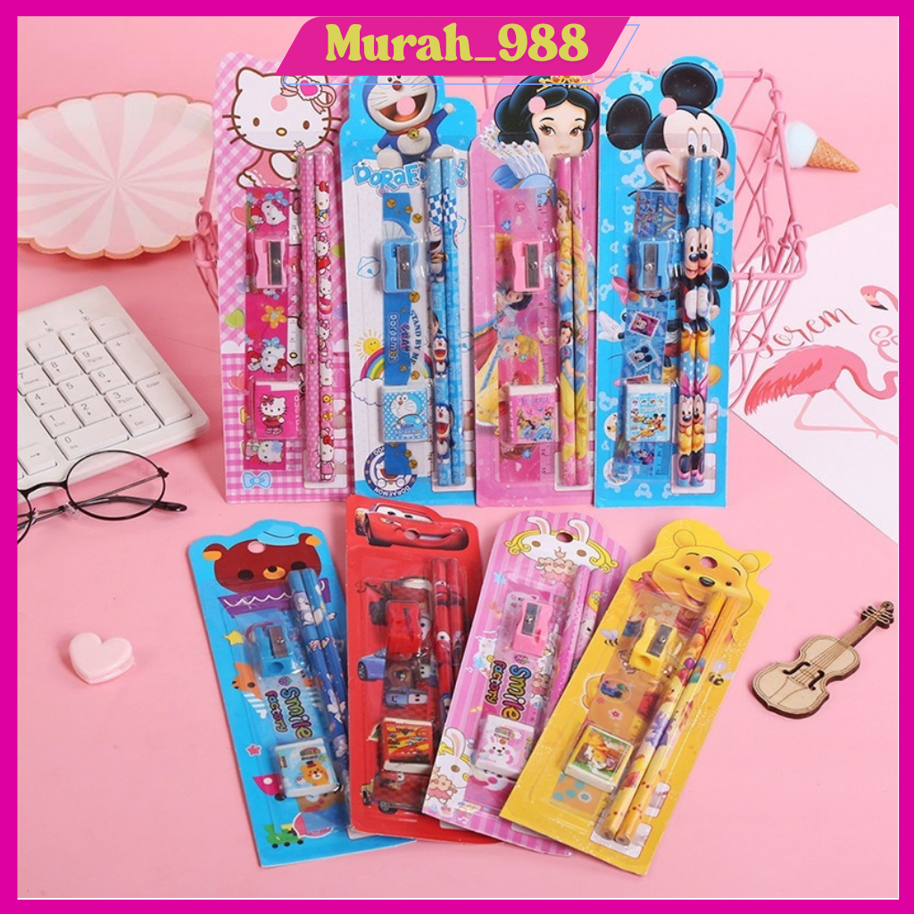 

(COD) (TERMURAH) Stationery Set 5 in 1 Alat Tulis Anak Sekolah Penghapus Penggaris Pensil Serutan Karakter Lucu