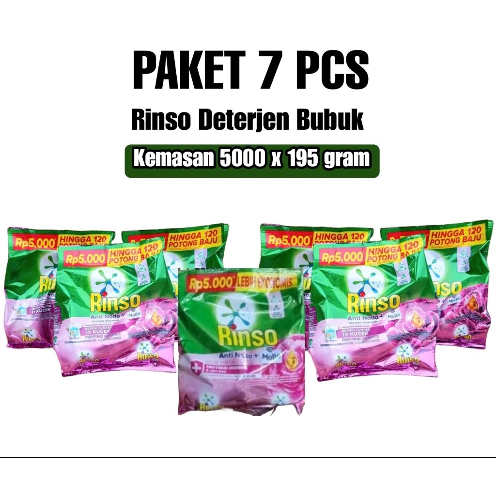 promo 7 pcs Rinso anti noda Deterjen bubuk kemasan 5000 x 195 gram