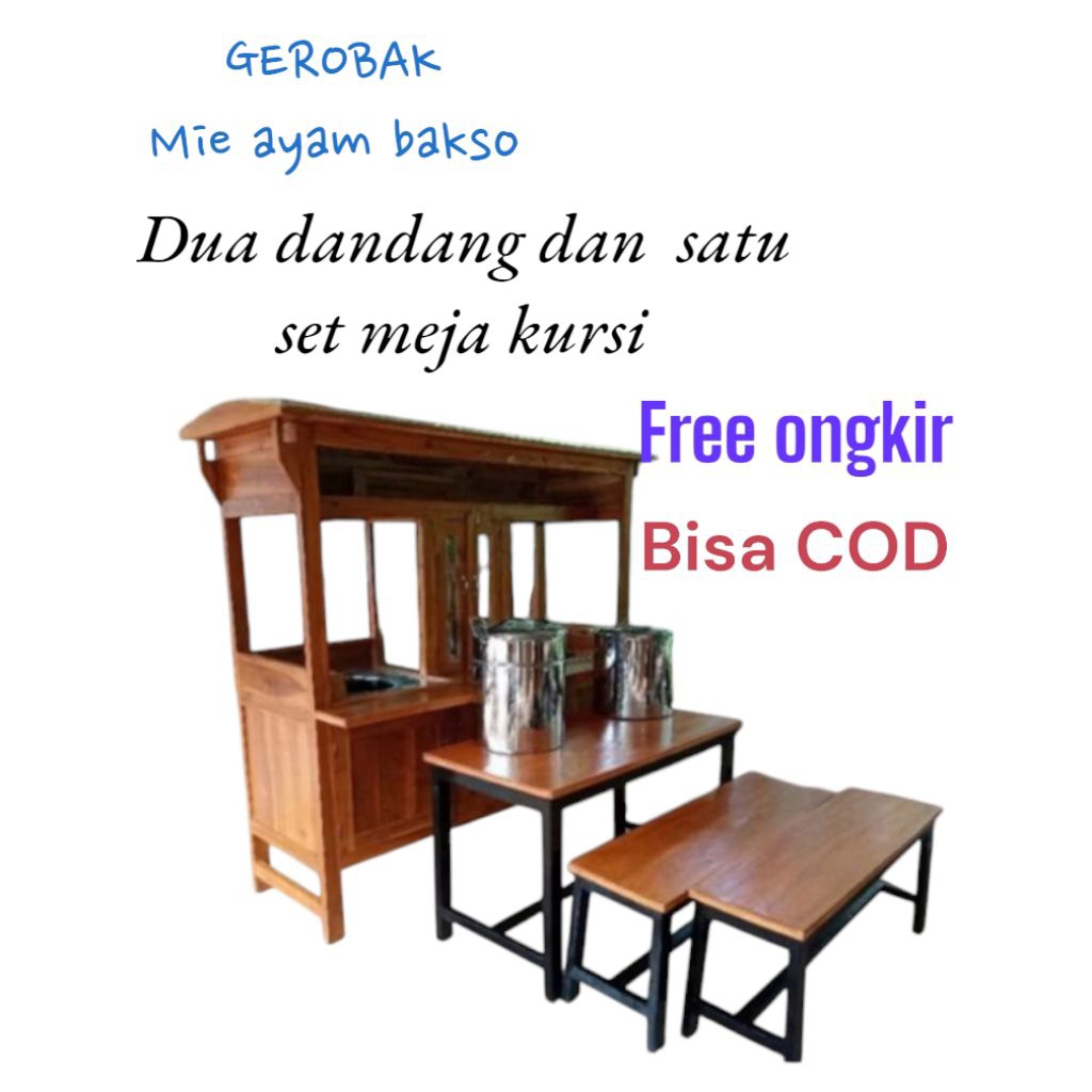 gerobak mie ayam  bakso kayu jati dua dandang dan satu set meja kursi free ongkir