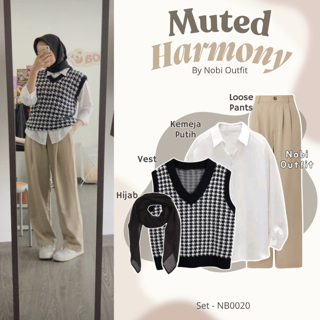 Nobi Outfit 4 In 1 Setelan wanita kekinian remaja hijab (Hijab+Cardigan+Kemeja+Loose Pants) Outfit K