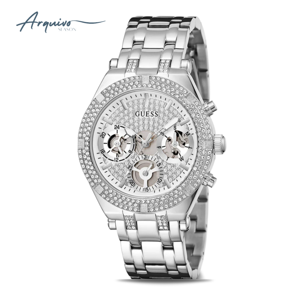 Jam Tangan Guess Wanita Heiress Chronograph Ladies Silver Dial Stainless Steel Strap Mewah Original 