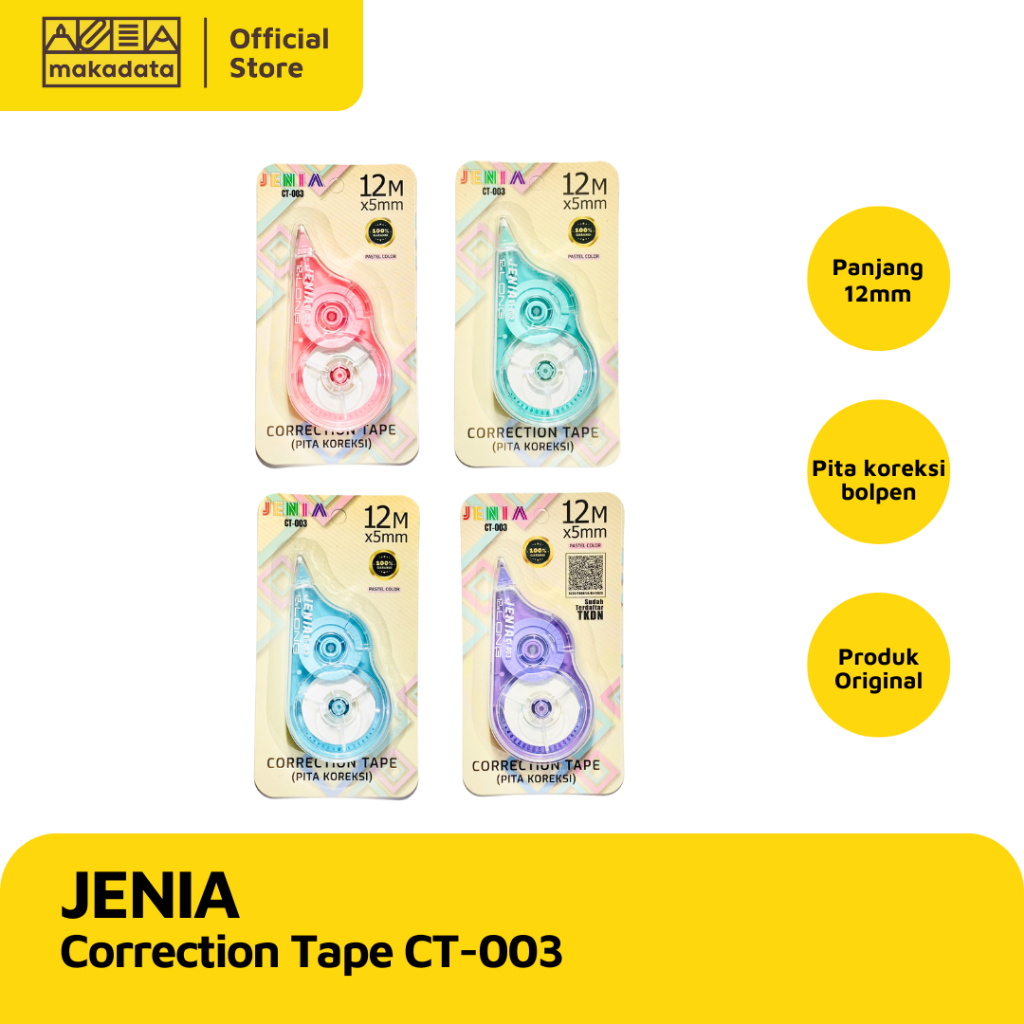

STIPO KERTAS / TIP-EX / CORRECTION TAPE JENIA CT-003A 12M (1 PCS) MURAH
